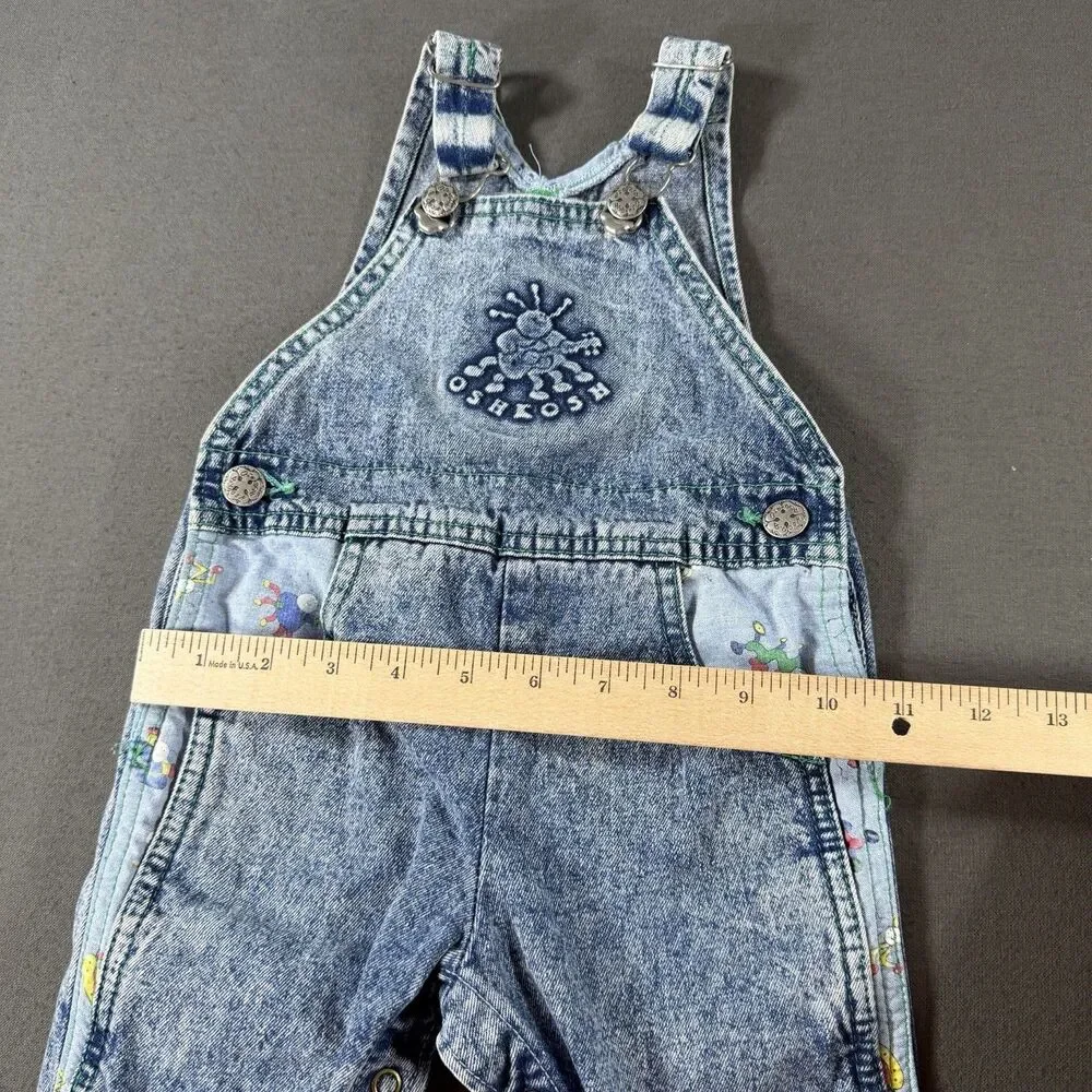 Vintage OshKosh B'Gosh Denim Overalls Sz 18 Months USA Made Acid Wash 3D Bugs